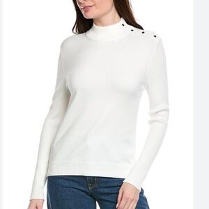 T TAHARI White Ribbed Mock Turtleneck Gold Button Shoulder  Sweater M